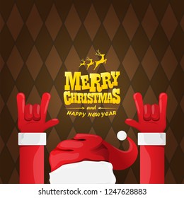 vector cartoon rock n roll Santa Claus character with gold calligraphic greeting text on brown plaid background. Violet Merry Christmas Rock n roll party poster design or greeting card.
