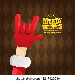 vector cartoon rock n roll Santa Claus character with gold calligraphic greeting text on brown plaid background. Violet Merry Christmas Rock n roll party poster design or greeting card.