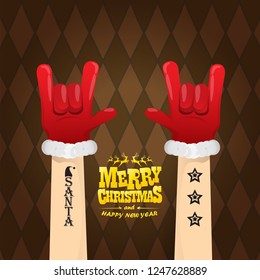 vector cartoon rock n roll Santa Claus character with gold calligraphic greeting text on brown plaid background. Violet Merry Christmas Rock n roll party poster design or greeting card.