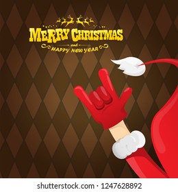 vector cartoon rock n roll Santa Claus character with gold calligraphic greeting text on brown plaid background. Violet Merry Christmas Rock n roll party poster design or greeting card.