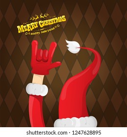 vector cartoon rock n roll Santa Claus character with gold calligraphic greeting text on brown plaid background. Violet Merry Christmas Rock n roll party poster design or greeting card.