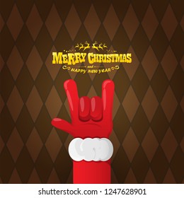 vector cartoon rock n roll Santa Claus character with gold calligraphic greeting text on brown plaid background. Violet Merry Christmas Rock n roll party poster design or greeting card.