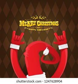vector cartoon rock n roll Santa Claus character with gold calligraphic greeting text on brown plaid background. Violet Merry Christmas Rock n roll party poster design or greeting card.