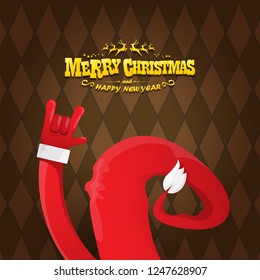 vector cartoon rock n roll Santa Claus character with gold calligraphic greeting text on brown plaid background. Violet Merry Christmas Rock n roll party poster design or greeting card.