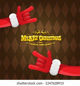 vector cartoon rock n roll Santa Claus character with gold calligraphic greeting text on brown plaid background. Violet Merry Christmas Rock n roll party poster design or greeting card.