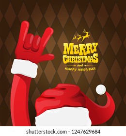 vector cartoon rock n roll Santa Claus character with gold calligraphic greeting text on brown plaid background. Violet Merry Christmas Rock n roll party poster design or greeting card.