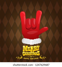 vector cartoon rock n roll Santa Claus character with gold calligraphic greeting text on brown plaid background. Violet Merry Christmas Rock n roll party poster design or greeting card.