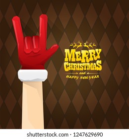 vector cartoon rock n roll Santa Claus character with gold calligraphic greeting text on brown plaid background. Violet Merry Christmas Rock n roll party poster design or greeting card.
