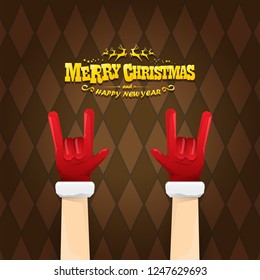 vector cartoon rock n roll Santa Claus character with gold calligraphic greeting text on brown plaid background. Violet Merry Christmas Rock n roll party poster design or greeting card.