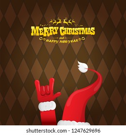 vector cartoon rock n roll Santa Claus character with gold calligraphic greeting text on brown plaid background. Violet Merry Christmas Rock n roll party poster design or greeting card.
