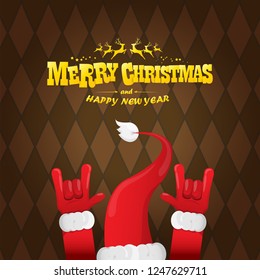 vector cartoon rock n roll Santa Claus character with gold calligraphic greeting text on brown plaid background. Violet Merry Christmas Rock n roll party poster design or greeting card.