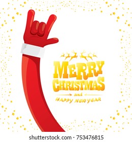 vector cartoon rock n roll Santa Claus with golden calligraphic greeting text isolated on white background with christmas star lights. Merry Christmas Rock n roll party poster design or greeting card.