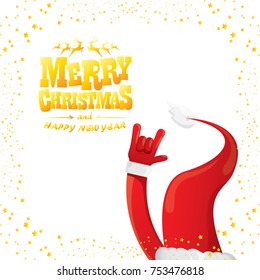 vector cartoon rock n roll Santa Claus with golden calligraphic greeting text isolated on white background with christmas star lights. Merry Christmas Rock n roll party poster design or greeting card.