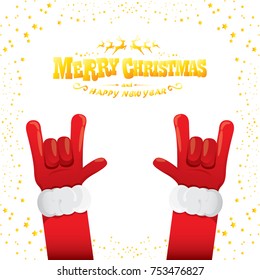 vector cartoon rock n roll Santa Claus with golden calligraphic greeting text isolated on white background with christmas star lights. Merry Christmas Rock n roll party poster design or greeting card.