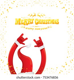 vector cartoon rock n roll Santa Claus with golden calligraphic greeting text isolated on white background with christmas star lights. Merry Christmas Rock n roll party poster design or greeting card.