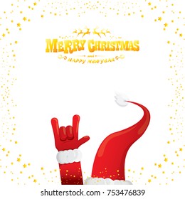 vector cartoon rock n roll Santa Claus with golden calligraphic greeting text isolated on white background with christmas star lights. Merry Christmas Rock n roll party poster design or greeting card.