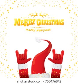 vector cartoon rock n roll Santa Claus with golden calligraphic greeting text isolated on white background with christmas star lights. Merry Christmas Rock n roll party poster design or greeting card.