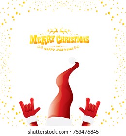 vector cartoon rock n roll Santa Claus with golden calligraphic greeting text isolated on white background with christmas star lights. Merry Christmas Rock n roll party poster design or greeting card.