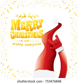 vector cartoon rock n roll Santa Claus with golden calligraphic greeting text isolated on white background with christmas star lights. Merry Christmas Rock n roll party poster design or greeting card.