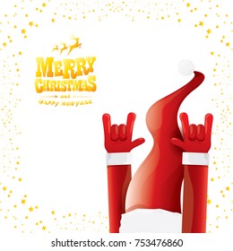 vector cartoon rock n roll Santa Claus with golden calligraphic greeting text isolated on white background with christmas star lights. Merry Christmas Rock n roll party poster design or greeting card.