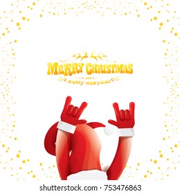 vector cartoon rock n roll Santa Claus with golden calligraphic greeting text isolated on white background with christmas star lights. Merry Christmas Rock n roll party poster design or greeting card.