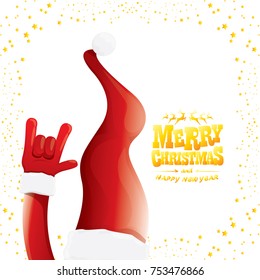 vector cartoon rock n roll Santa Claus with golden calligraphic greeting text isolated on white background with christmas star lights. Merry Christmas Rock n roll party poster design or greeting card.