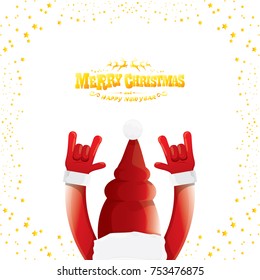 vector cartoon rock n roll Santa Claus with golden calligraphic greeting text isolated on white background with christmas star lights. Merry Christmas Rock n roll party poster design or greeting card.