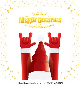 vector cartoon rock n roll Santa Claus with golden calligraphic greeting text isolated on white background with christmas star lights. Merry Christmas Rock n roll party poster design or greeting card.