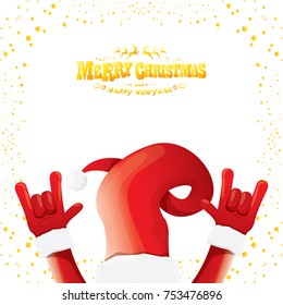 vector cartoon rock n roll Santa Claus with golden calligraphic greeting text isolated on white background with christmas star lights. Merry Christmas Rock n roll party poster design or greeting card.