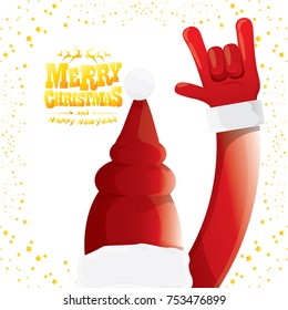 vector cartoon rock n roll Santa Claus with golden calligraphic greeting text isolated on white background with christmas star lights. Merry Christmas Rock n roll party poster design or greeting card.