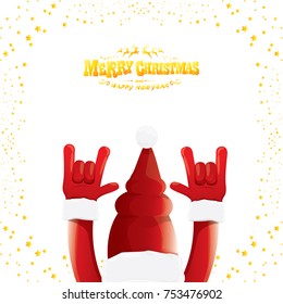 vector cartoon rock n roll Santa Claus with golden calligraphic greeting text isolated on white background with christmas star lights. Merry Christmas Rock n roll party poster design or greeting card.