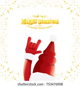 vector cartoon rock n roll Santa Claus with golden calligraphic greeting text isolated on white background with christmas star lights. Merry Christmas Rock n roll party poster design or greeting card.