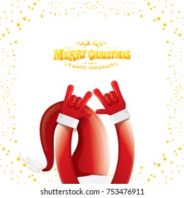 vector cartoon rock n roll Santa Claus with golden calligraphic greeting text isolated on white background with christmas star lights. Merry Christmas Rock n roll party poster design or greeting card.