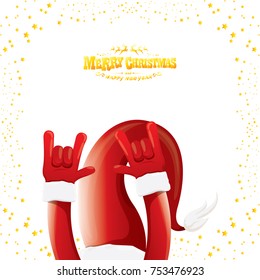 vector cartoon rock n roll Santa Claus with golden calligraphic greeting text isolated on white background with christmas star lights. Merry Christmas Rock n roll party poster design or greeting card.