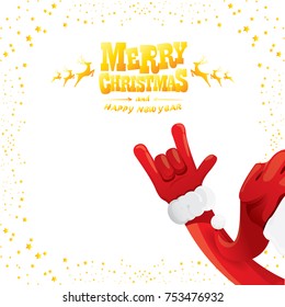 vector cartoon rock n roll Santa Claus with golden calligraphic greeting text isolated on white background with christmas star lights. Merry Christmas Rock n roll party poster design or greeting card.