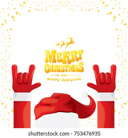 vector cartoon rock n roll Santa Claus with golden calligraphic greeting text isolated on white background with christmas star lights. Merry Christmas Rock n roll party poster design or greeting card.
