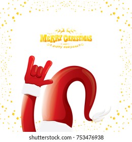 vector cartoon rock n roll Santa Claus with golden calligraphic greeting text isolated on white background with christmas star lights. Merry Christmas Rock n roll party poster design or greeting card.