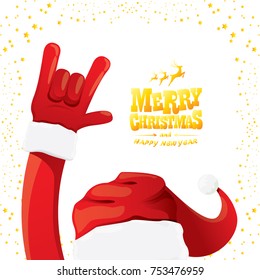 vector cartoon rock n roll Santa Claus with golden calligraphic greeting text isolated on white background with christmas star lights. Merry Christmas Rock n roll party poster design or greeting card.