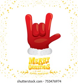 vector cartoon rock n roll Santa Claus with golden calligraphic greeting text isolated on white background with christmas star lights. Merry Christmas Rock n roll party poster design or greeting card.