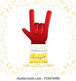 vector cartoon rock n roll Santa Claus with golden calligraphic greeting text isolated on white background with christmas star lights. Merry Christmas Rock n roll party poster design or greeting card.
