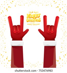vector cartoon rock n roll Santa Claus with golden calligraphic greeting text isolated on white background with christmas star lights. Merry Christmas Rock n roll party poster design or greeting card.