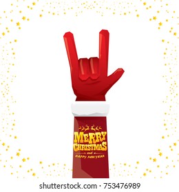 vector cartoon rock n roll Santa Claus with golden calligraphic greeting text isolated on white background with christmas star lights. Merry Christmas Rock n roll party poster design or greeting card.