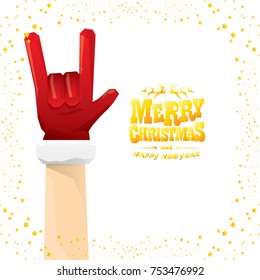 vector cartoon rock n roll Santa Claus with golden calligraphic greeting text isolated on white background with christmas star lights. Merry Christmas Rock n roll party poster design or greeting card.