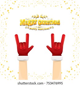 vector cartoon rock n roll Santa Claus with golden calligraphic greeting text isolated on white background with christmas star lights. Merry Christmas Rock n roll party poster design or greeting card.