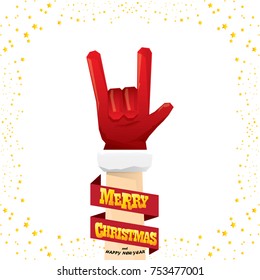 vector cartoon rock n roll Santa Claus with golden calligraphic greeting text isolated on white background with christmas star lights. Merry Christmas Rock n roll party poster design or greeting card.