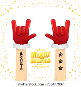 vector cartoon rock n roll Santa Claus with golden calligraphic greeting text isolated on white background with christmas star lights. Merry Christmas Rock n roll party poster design or greeting card.