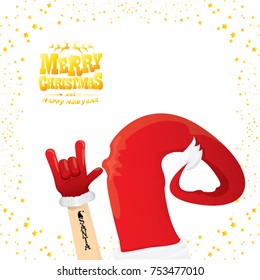 vector cartoon rock n roll Santa Claus with golden calligraphic greeting text isolated on white background with christmas star lights. Merry Christmas Rock n roll party poster design or greeting card.