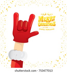 vector cartoon rock n roll Santa Claus with golden calligraphic greeting text isolated on white background with christmas star lights. Merry Christmas Rock n roll party poster design or greeting card.