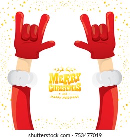 vector cartoon rock n roll Santa Claus with golden calligraphic greeting text isolated on white background with christmas star lights. Merry Christmas Rock n roll party poster design or greeting card.