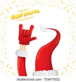 vector cartoon rock n roll Santa Claus with golden calligraphic greeting text isolated on white background with christmas star lights. Merry Christmas Rock n roll party poster design or greeting card.